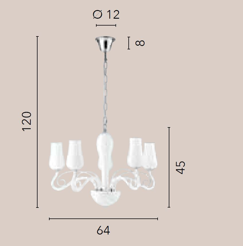 Sospensione 5 luci vetro soffiato bianco pastorali trasparenti rifiniture cromo 5XE14 non incl. ANGEL Sospensione 5 luci vetro soffiato bianco pastorali trasparenti rifiniture cromo 5XE14 non incl. ANGEL